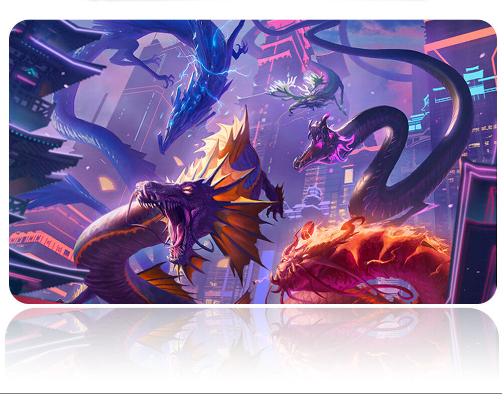 Mouse pad with dragon design and pen holder on a reflective surface