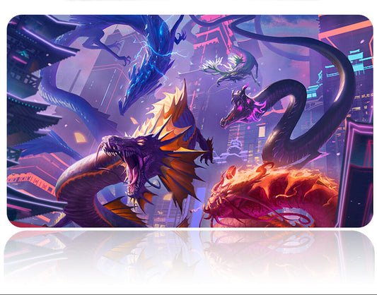 Mouse pad with dragon design and pen holder on a reflective surface