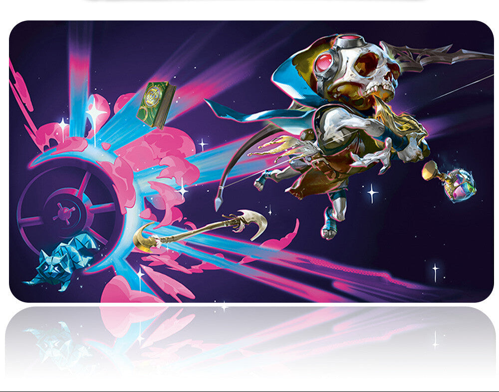 Colorful and dynamic design with a metallic skull figure on a dark background