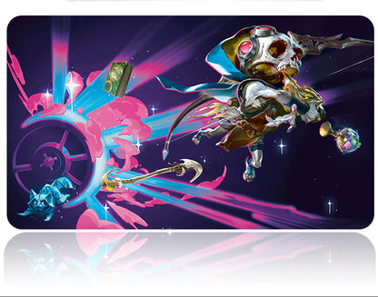 Colorful and dynamic design with a metallic skull figure on a dark background