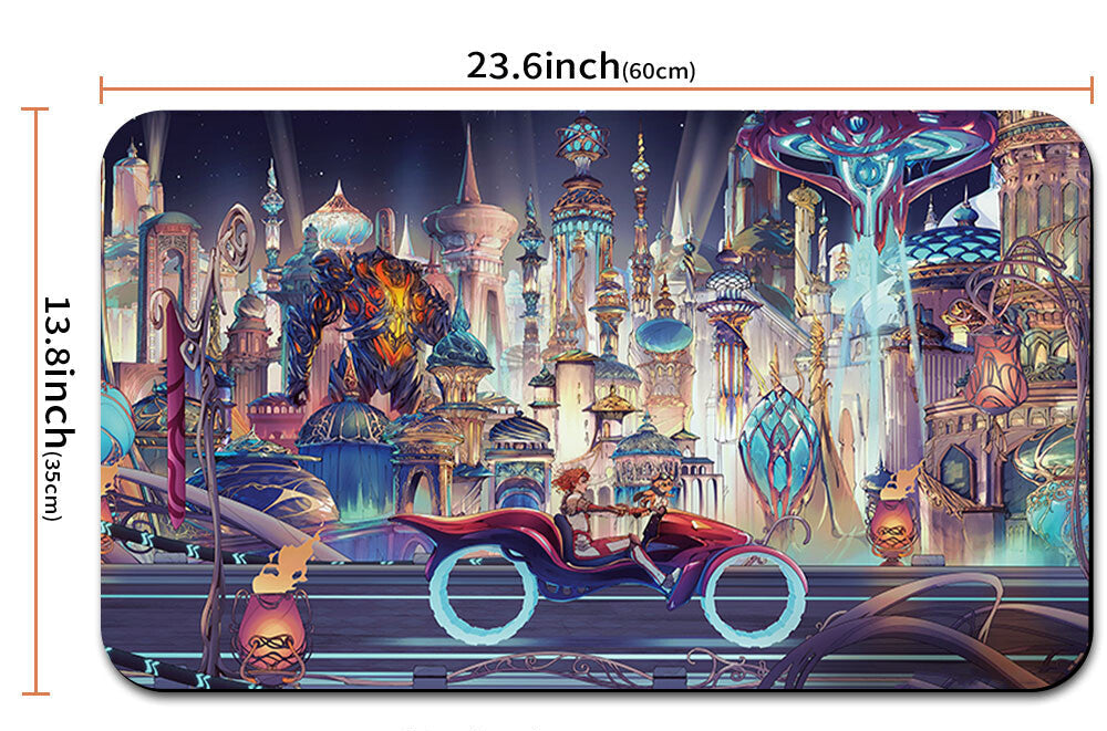 Futuristic cityscape design on a product with dimensions indicated