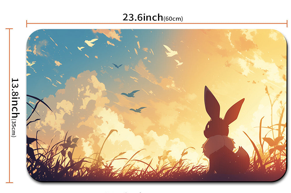 Mouse pad with a rabbit silhouette design, showing dimensions and a carrying strap.