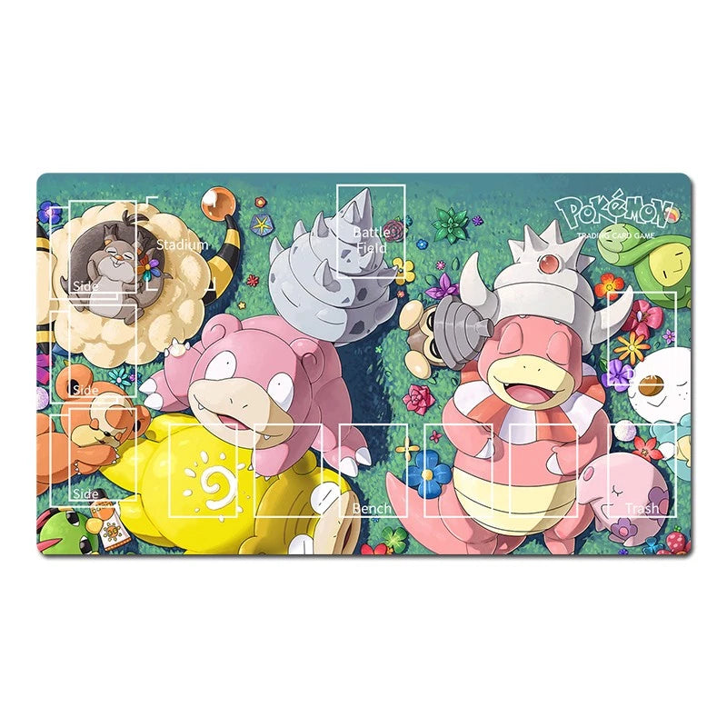 A rectangular Pokémon-themed gaming mat featuring colorful illustrations of Squirtle, Wartortle, Brickhead, and other Pokémon characters on a grassy background, with white game-overlay graphics and the Pokémon logo in the top right.
