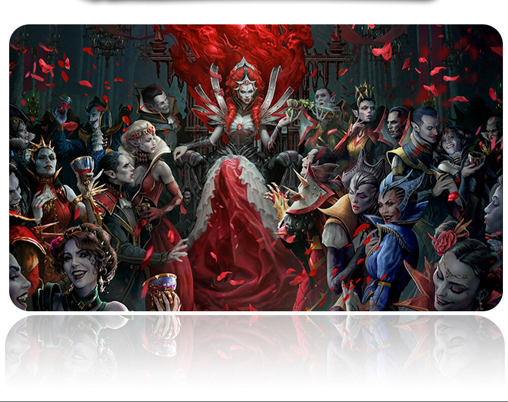 Card with fantasy characters and a red dragon on a reflective surface