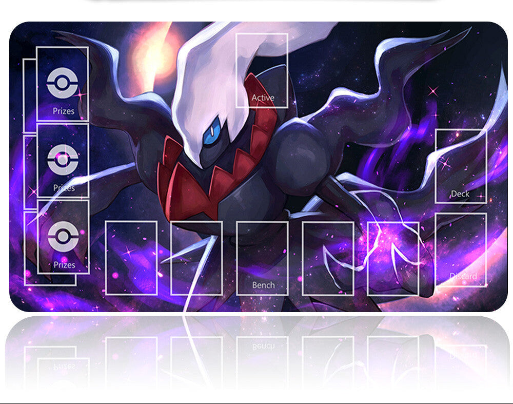 Pokémon-themed playmat with character design and card slots on a reflective surface.