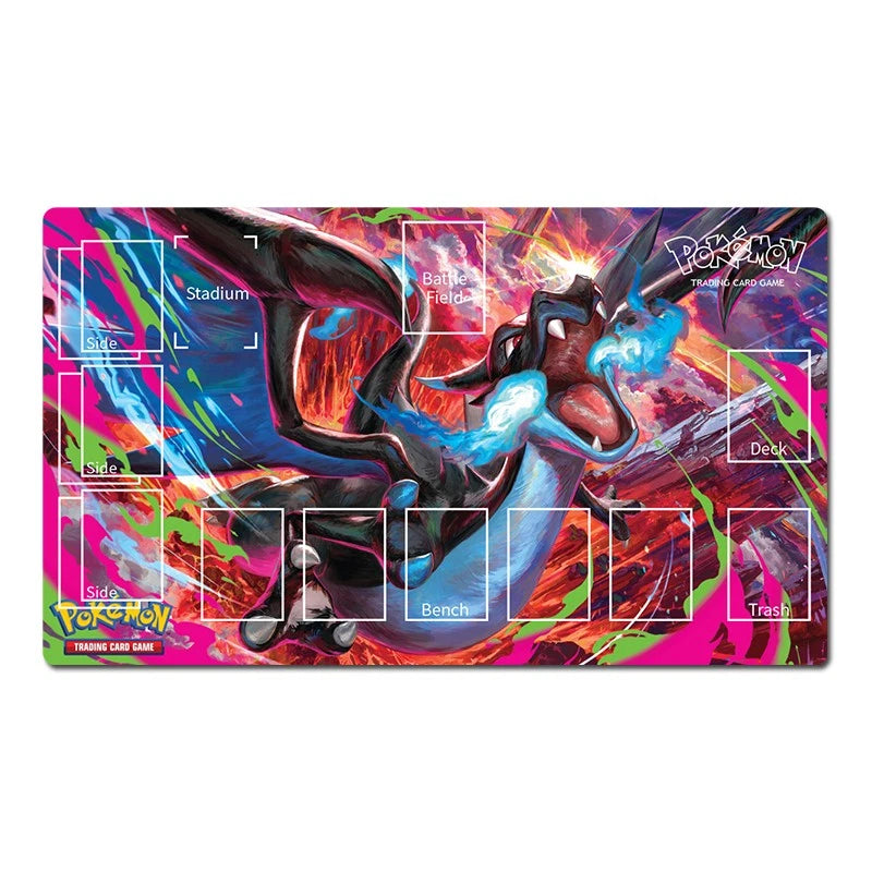 Pokémon Trading Card Game playmat featuring a colorful illustration of Charizard with game area markings for side, battle trigger, deck, bench, trash, and other card slots on a white background.