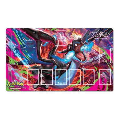 Pokémon Trading Card Game playmat featuring a colorful illustration of Charizard with game area markings for side, battle trigger, deck, bench, trash, and other card slots on a white background.