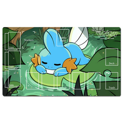 Pokémon Trading Card Game playmat featuring a blue water bunny resting on a lily pad in a green forest setting, with labeled game zones including Stadium, Battle Field, Deck, Trash, and Branch.