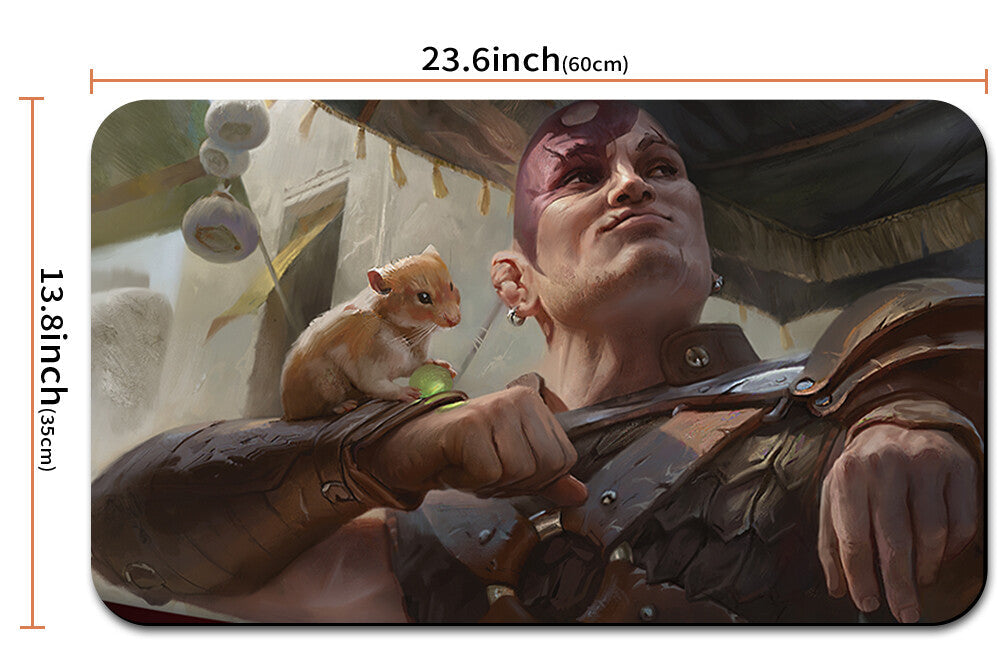 Character with a small creature on an arm, with dimensions displayed