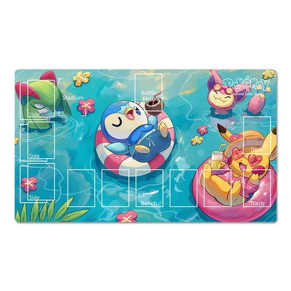 A rectangular Pokémon-themed pool play mat featuring Piplin and Piplug floating in swim rings on turquoise water, with labeled game zones including Stadium, Side, Battle Field, Bench, Trash, and Dish. The mat is shown isolated on a white background.