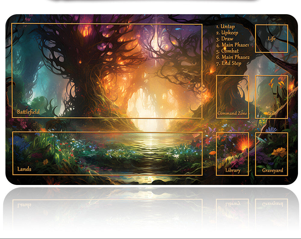 Fantasy-themed game mat with tree design and game components on a white background