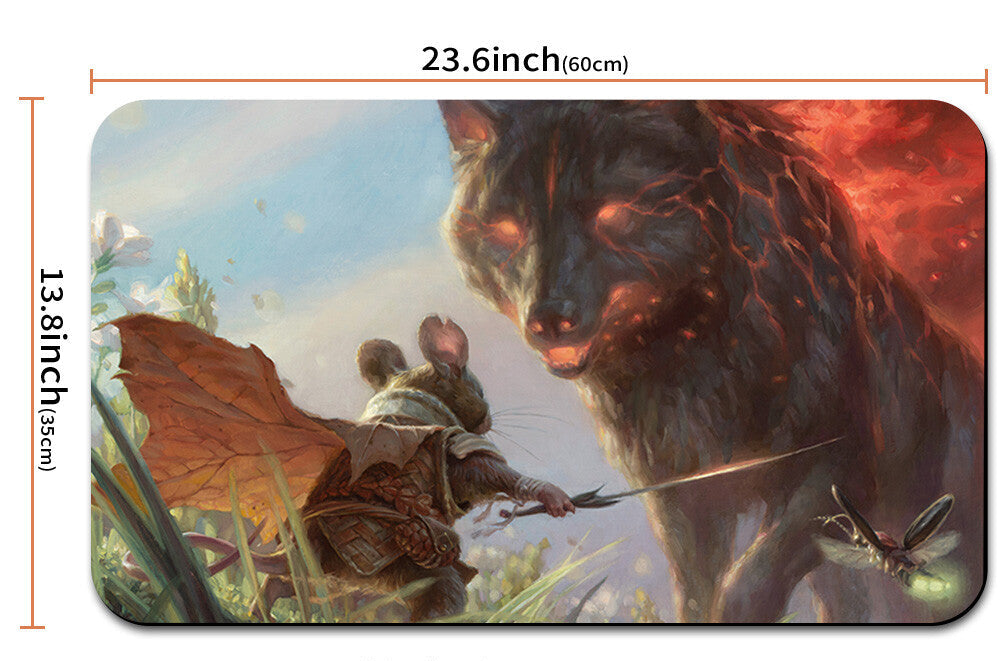Mouse pad with a fantasy design of a warrior and wolf, with dimensions indicated.