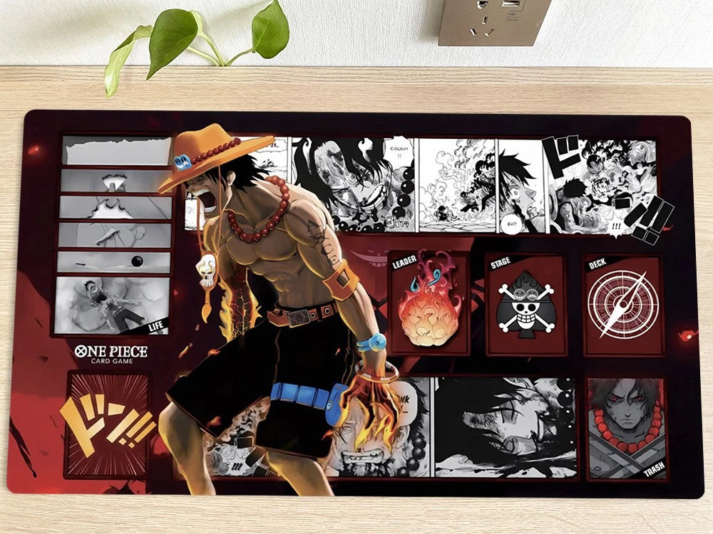 Mouse pad with anime character and various graphics on a wooden surface