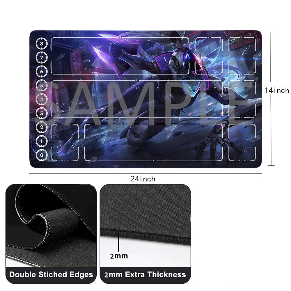 A rectangular gaming desk mat with an anime-style character print in dark blue, purple, and black tones, shown on a white background with dimension labels reading 24inch by 14inch. Below the main mat are three inset detail images showing double-stitched edges, 2mm extra thickness, and a free storage bag.