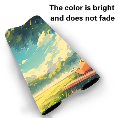 A rolled-up art print or canvas featuring a colorful landscape illustration with blue sky, green trees, yellow grass, and an orange animal figure, shown on a white background with the text 'The color is bright and does not fade' at the top.