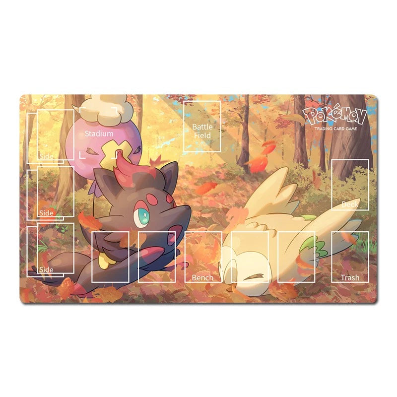 A rectangular Pokémon trading card game playmat featuring a forest scene with a dark gray creature and a cream-colored bird, overlaid with white grid lines and labels for game zones.