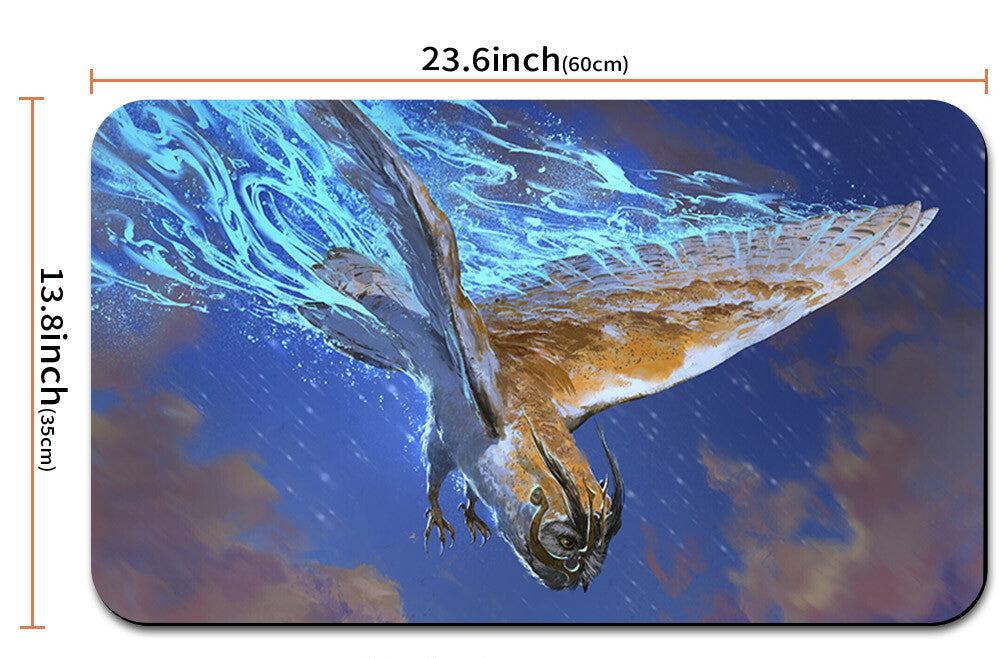 Mouse pad with a dragon design and measurements, accompanied by a drawstring bag with measurements.