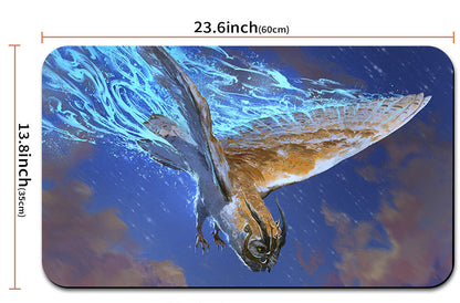 Mouse pad with a dragon design and measurements, accompanied by a drawstring bag with measurements.