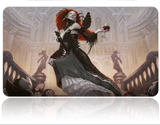 Card with a fantasy-themed design of a woman with red hair and black wings in an elegant interior setting.