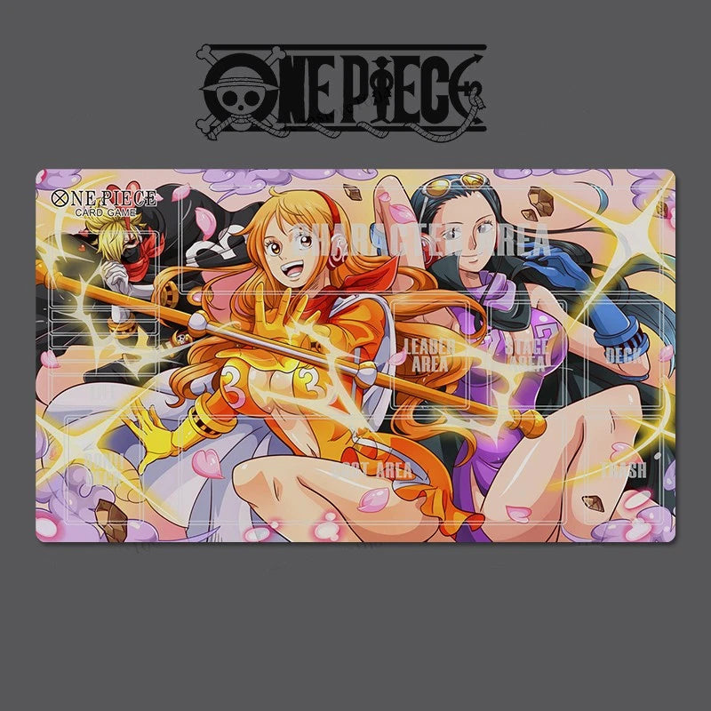 One Piece-themed playmat with characters and branding