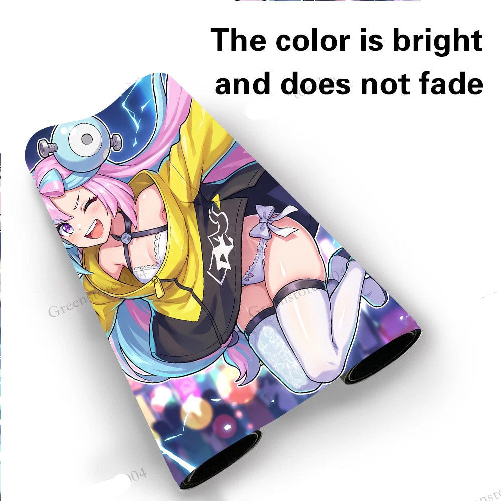 A roll of vinyl wrap or sticker featuring a colorful anime-style character print, shown diagonally on a white background with text stating 'The color is bright and does not fade'.