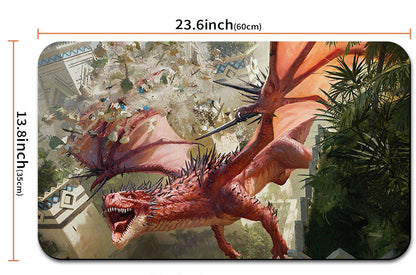 Dragon graphic on a product with dimensions and a carrying strap shown.