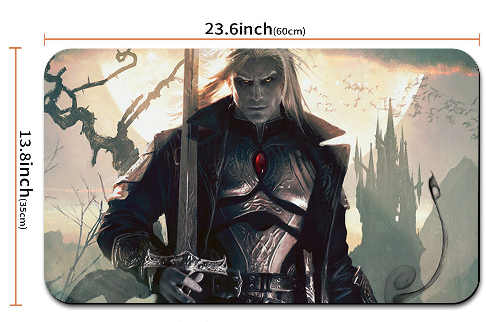 Mouse pad with an illustration of a warrior holding a sword, dimensions displayed.