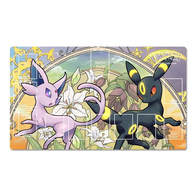 A rectangular Pokémon-themed playmat featuring Eevee on the left in light purple and Umbreon on the right in black, set against a floral and scenic background with game-style UI elements like Battle Field, Lancer, and Trash.