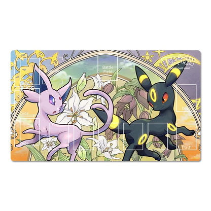 A rectangular Pokémon-themed playmat featuring Eevee on the left in light purple and Umbreon on the right in black, set against a floral and scenic background with game-style UI elements like Battle Field, Lancer, and Trash.