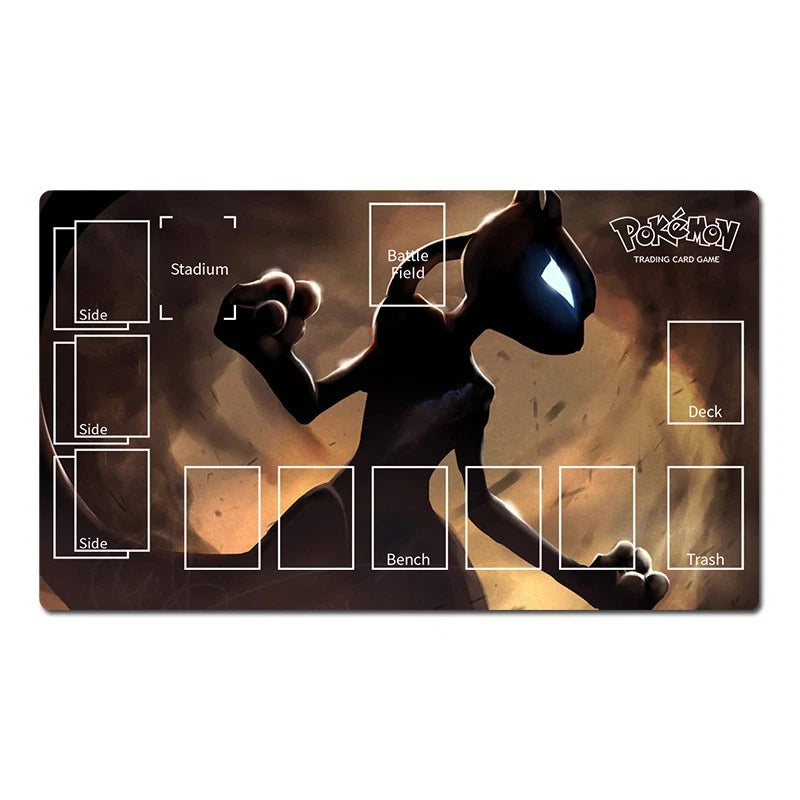 A rectangular Pokémon trading card playmat with printed artwork of a dark, shadowy Pokémon character in the center and labeled zones such as Stadium, Battle Field, Deck, Trash, Bench, and Side. The Pokémon logo is visible in the top right.