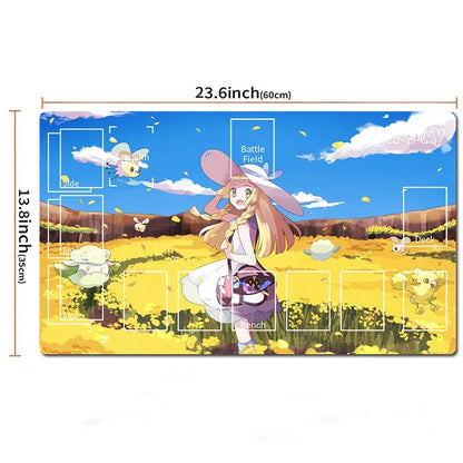 An anime-themed battle field mat with a colorful illustration of a girl in a field under a blue sky, shown with dimension markings of 23.6 inches by 13.