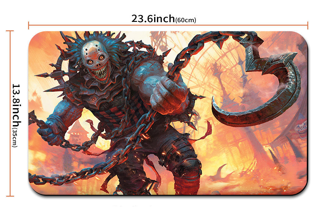 Mouse pad with a fantasy character design, showing dimensions and a carrying strap.