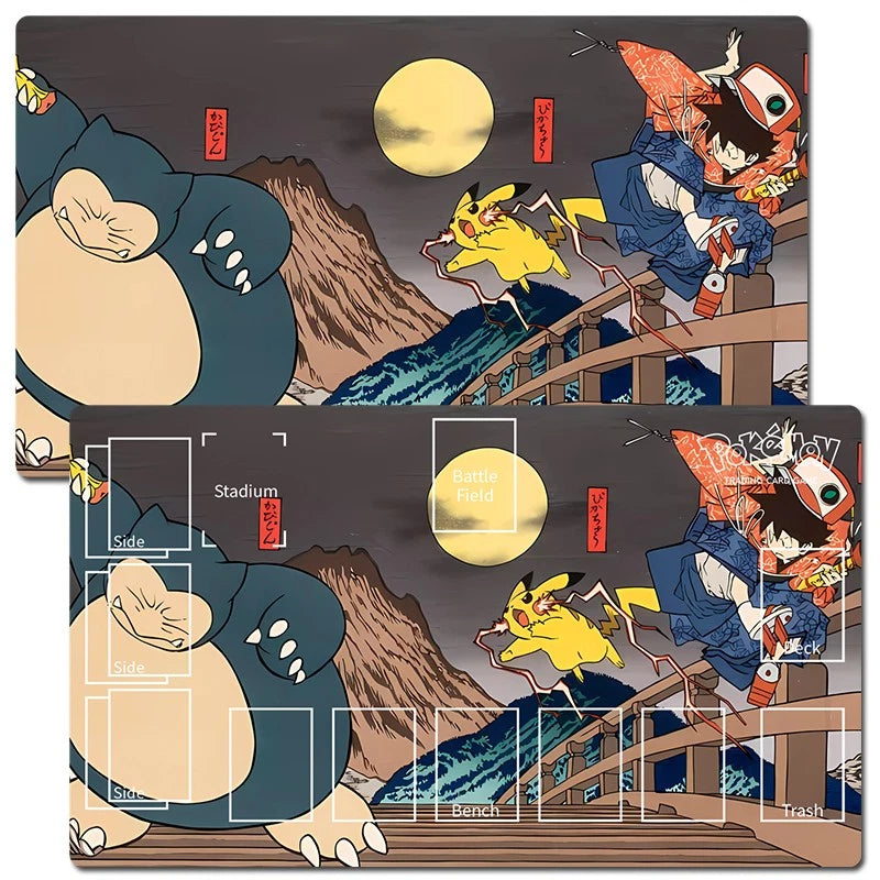 Two rectangular anime-themed game boards featuring Snorlax, Pikachu, and characters from Pokémon on a Japanese-style night scene with a full moon. The top board shows the full board design, while the bottom board shows a closer view with white grid lines and labels for fields and tracks.