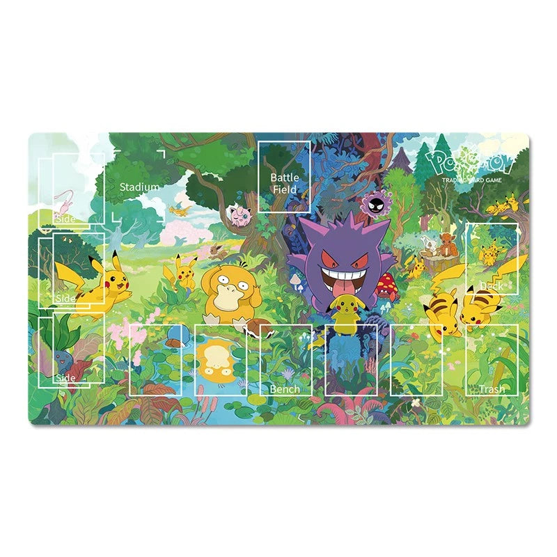A rectangular Pokémon-themed game mat featuring colorful illustrated scenes with Pikachu, Eevee, Gengar, and other Pokémon in a forest setting, with white grid areas labeled for battle placement.