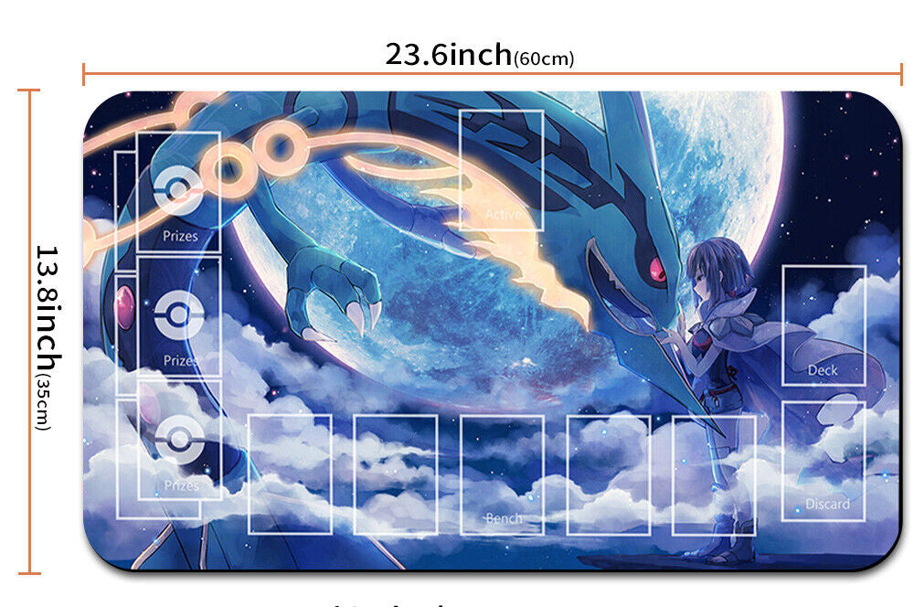 Card game mat with dragon design and measurements