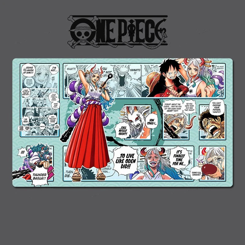One Piece-themed placemat with character illustrations and text on a gray background