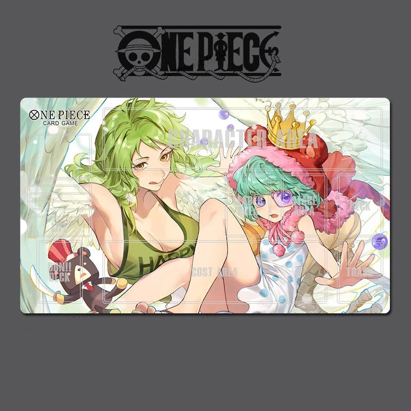 A One Piece card game playmat featuring an anime illustration of Brook and a small monkey, displayed on a dark gray background with the One Piece logo at the top.