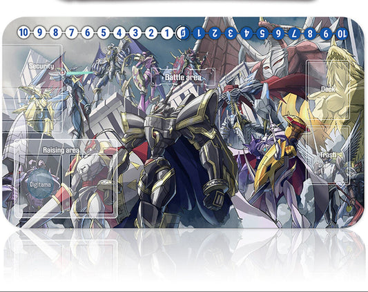 Toy figure packaging with multiple robot-like characters and a tool on a white background