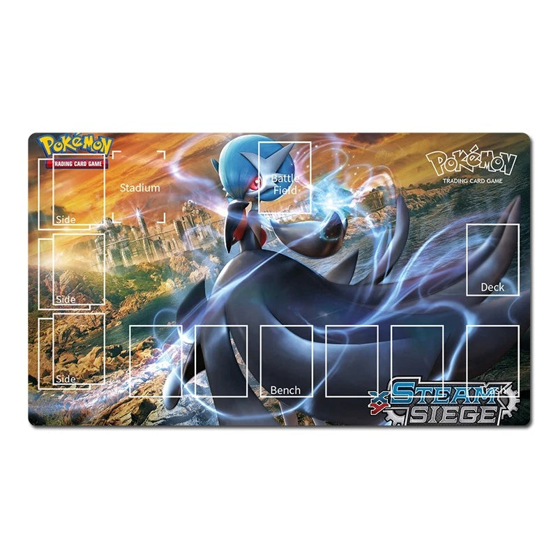 A rectangular Pokémon Trading Card Game playmat featuring Hydrean with blue energy effects, printed artwork, and white layout boxes labeled for game areas like Stadium, Bench, Deck, and Skies. Visible branding includes Pokémon and Steam Siege.