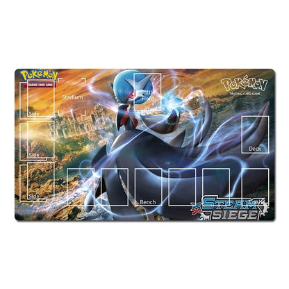 A rectangular Pokémon Trading Card Game playmat featuring Hydrean with blue energy effects, printed artwork, and white layout boxes labeled for game areas like Stadium, Bench, Deck, and Skies. Visible branding includes Pokémon and Steam Siege.