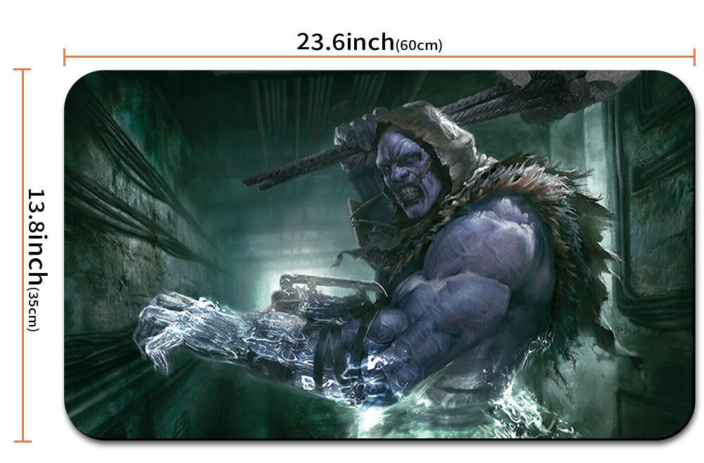 Mouse pad with a character holding a weapon, dimensions shown, and a drawstring pouch below.