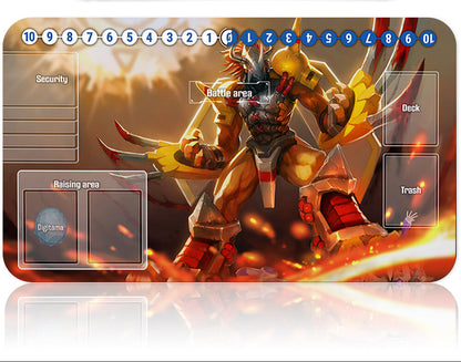 Card game mat with a character design and card holder on a white background