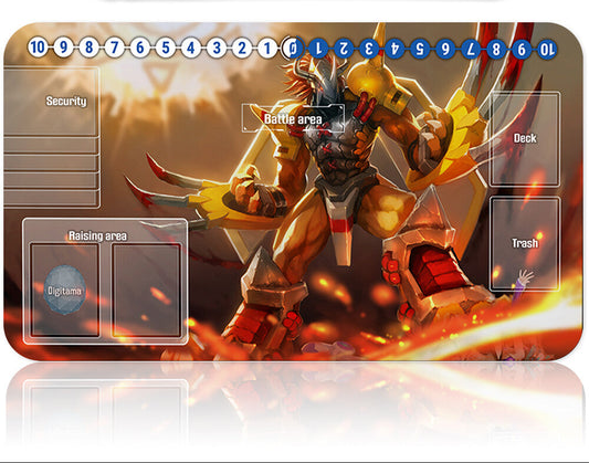 Card game mat with a character design and card holder on a white background