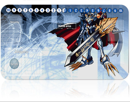 Playmat with character design and card layout on a white background