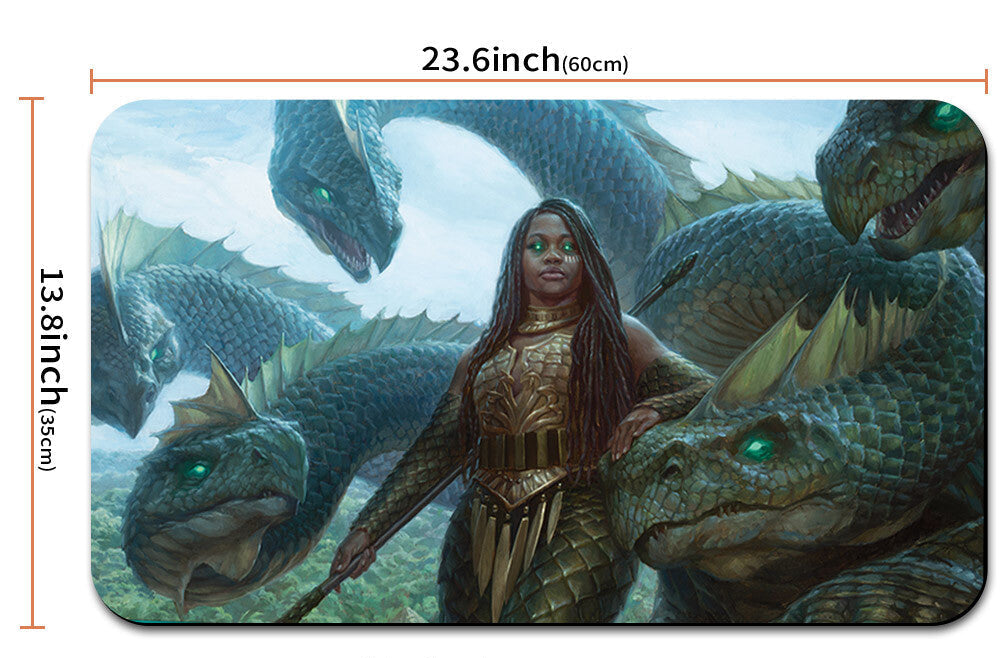 Mouse pad with an illustration of a warrior surrounded by dragons, with dimensions displayed.