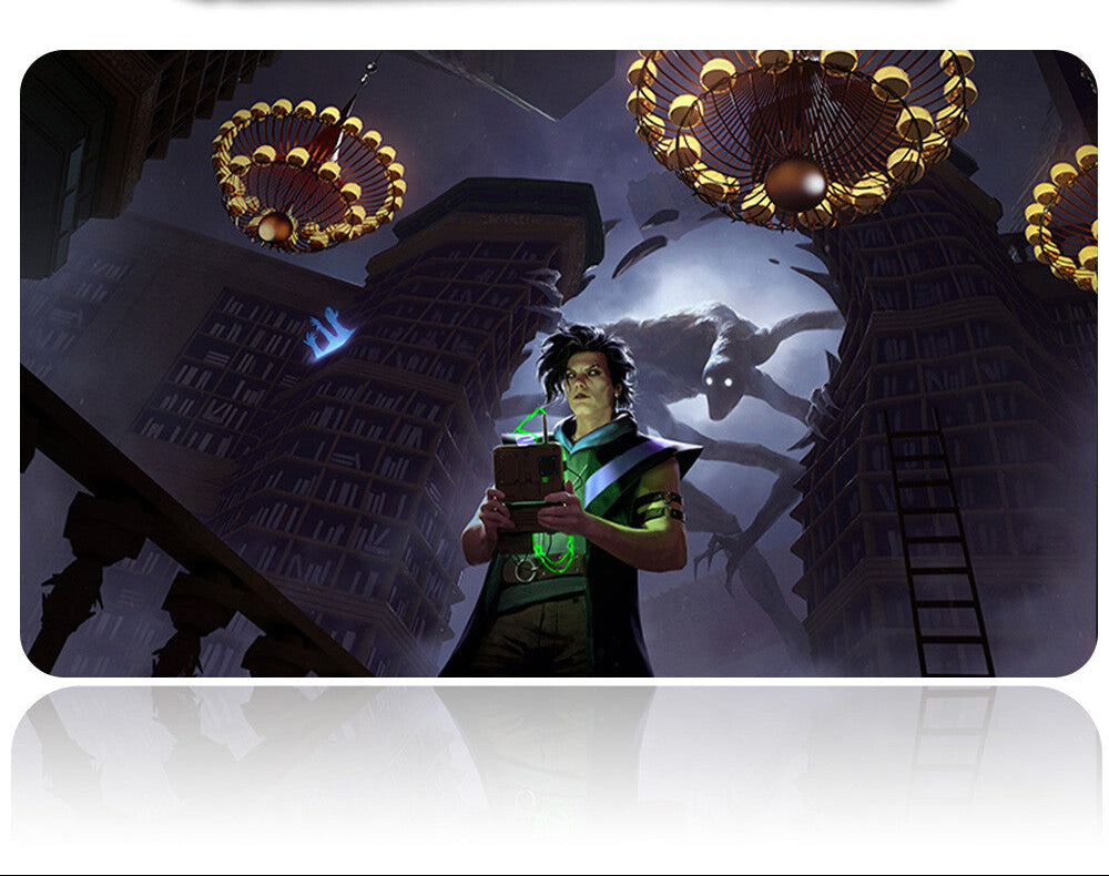 Character holding a device in a dark, gothic-style room with chandeliers.