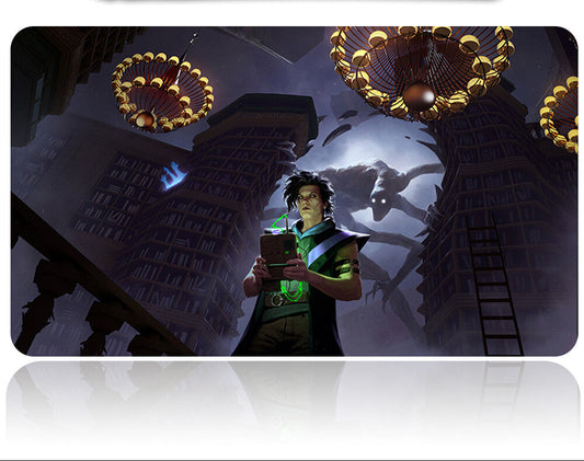 Character holding a device in a dark, gothic-style room with chandeliers.