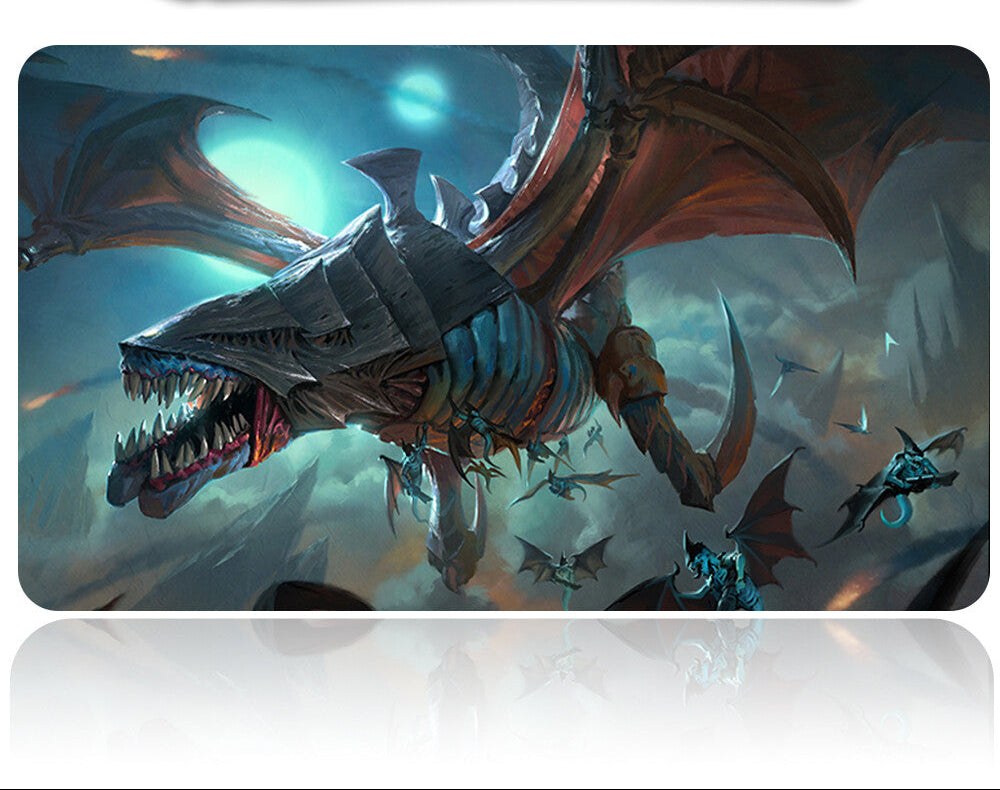 Fantasy dragon design on a product packaging with a silver handle above it.