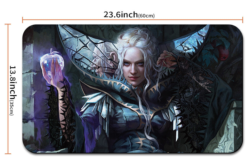 Fantasy-themed mouse pad with measurements and a pouch below.