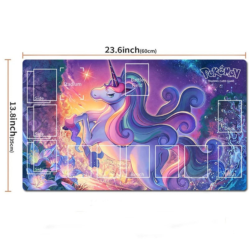 A Pokémon trading card game playmat shown on a white background with printed dimensions: 23.6 inches (60 cm) wide and 13.